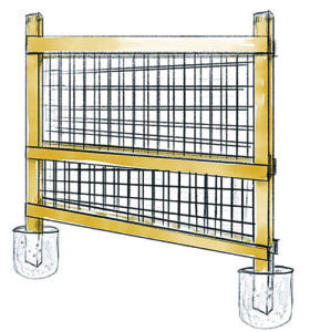 illustration of the fence as it might be assembled. Includes concrete setting for fence posts…